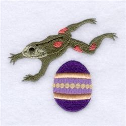 Colorful frog with pink spots leaps above a decorated purple egg for Easter, perfect for playful spring projects.
