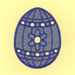 FSL decorative egg in bright blue features delicate lace and floral motifs on a soft yellow background, ideal for Easter.