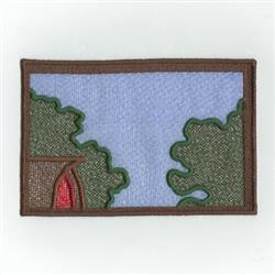 FSL landscape scene featuring a light blue sky, lush green trees, and a small hut framed by a brown border.