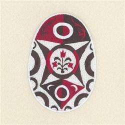 Geometric decorative egg design in bold red, black, and white with a floral motif for modern Easter decor.