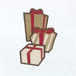 Stack of three playful gift boxes with red ribbons in beige and cream, celebrating holiday cheer.