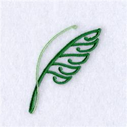 Elegant green leaf in simple embroidery style, featuring delicate swirls and light green thread on a soft white background.