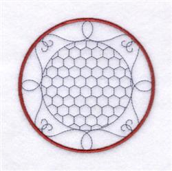 Geometric design with a hexagonal pattern, circular frame, and looped embellishments in black and red.