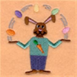 Playful rabbit juggling colorful balls in a teal sweater with carrot design, festive for Easter.