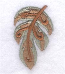 Elegant leaf design featuring intricate curves in muted greens and warm browns against a soft white background.