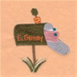 Whimsical mailbox with pink flag and orange 'E. Bunny' lettering, topped with a carrot, perfect for Easter.
