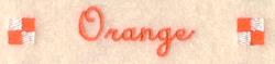 Playful text design featuring 'Orange' in cursive font with red and white squares on beige background.