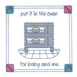 Quilting oven in gray, filled with baked goods, surrounded by playful text and colorful accents.