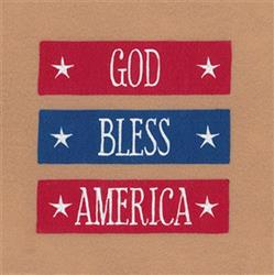 Patriotic text design with bold, white lettering on red and blue backgrounds, accented by white stars.