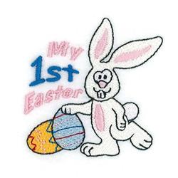 Cartoon white rabbit with a colorful Easter egg, cheerful expression, celebrating spring and a child's first Easter.