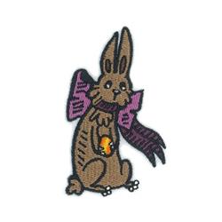Cartoon rabbit with brown fur, wearing a purple scarf and holding an orange object, perfect for Easter decoration.