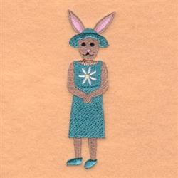 Playful rabbit in a teal dress with pink ears, set against a warm orange background, perfect for Easter decor.