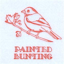 Redwork painted bunting outlined in red thread, perched on a branch with stylized leaves, showcasing minimalistic beauty.