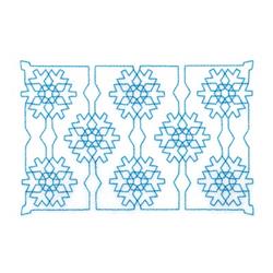 Redwork snowflake design featuring intricate geometric patterns outlined in light blue thread, perfect for winter decor.