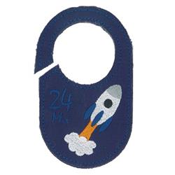 Playful rocket launching with flames and smoke details, on a navy background, colorful design for children's items.