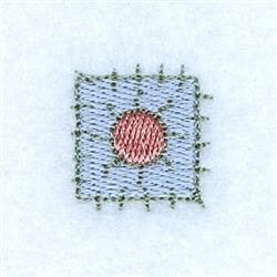 Embroidered square patch featuring a blue square with a pink circle and green stitch border, designed with geometric simplici