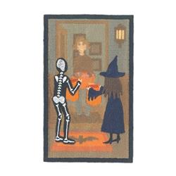 Cartoonish skeleton gesturing with a witch holding a treat bag at a festive Halloween doorway.