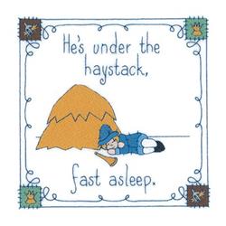 Sleeping child in blue cozy attire rests under a large golden haystack in a playful scene, framed by colorful stitching.