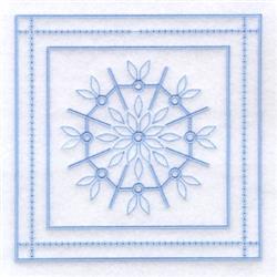 Delicate snowflake design with soft blue leaves, framed by a subtle border, evoking winter beauty.
