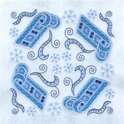 Whimsical quilt design featuring intricate blue scrolls, swirling elements, and snowflakes for winter decor.