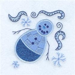 Playful snowman with a textured blue body and button-like face, surrounded by whimsical swirls and snowflakes in winter tones