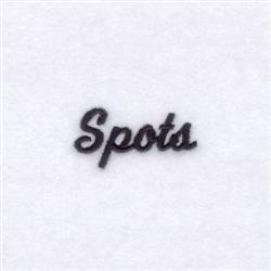 Cursive text 'Spots' in dark thread with smooth finish on soft light background for a minimalist touch.