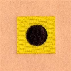 Minimalist square patch with a central black circle on a vibrant yellow background, bold design.