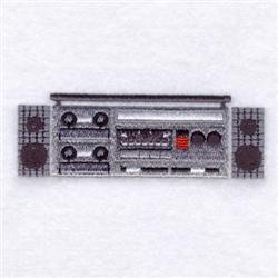 Realistic stereo system with gray body, black details, and red accents in vintage style.