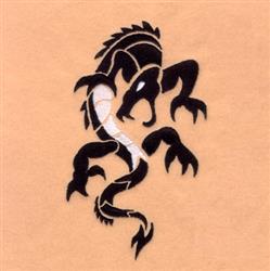 Stylized lizard with bold black thread and intricate white details on light beige background in a modern design.