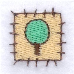 Stylized tree with green leaves and a brown trunk, framed in a textured square border on beige background.