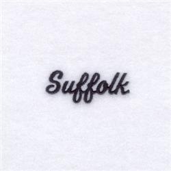 The word 'Suffolk' in cursive font, elegantly embroidered in dark thread on a white background.