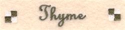 Elegant script 'Thyme' in dark brown with decorative cream squares on a neutral background.