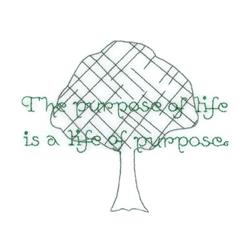 Stylized tree outline with crosshatch canopy and flowing green quote below, in a simple line drawing style.