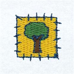 Tree with a green canopy and brown trunk against a bright yellow background, framed by a blue border in a playful style.