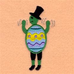 Playful turtle with a black top hat, body styled as a colorful Easter egg with wavy patterns.