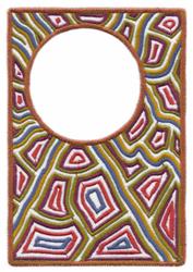 Abstract pattern with circular cutout features geometric shapes in vivid red, green, blue, and brown hues.