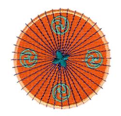 Abstract circular design featuring vibrant orange background, blue center, and symmetrically arranged green motifs.