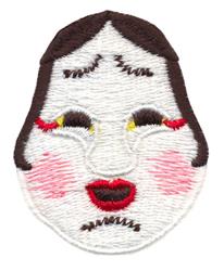 Colorful cartoonish abstract face featuring bright red lips, rosy cheeks, and dark brown hair.