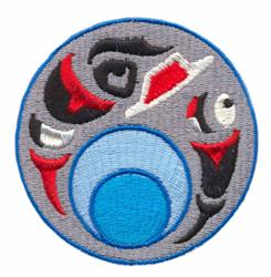 Bold circular design with abstract shapes in vibrant red and blue on a gray background.