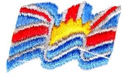 Bold abstract wave pattern in vibrant red, blue, and yellow colors with frayed edges, showcasing dynamic movement.
