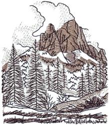 detailed tree machine embroidery pattern - Alpine Landscape perfect for kitchen aprons