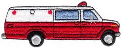 Cartoonish ambulance with a red body, white top, and blue accents, designed for cheerful embroidery projects.