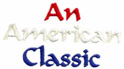 Text design with 'An American Classic' in red, white, and blue. Playful style, ideal for Independence Day.