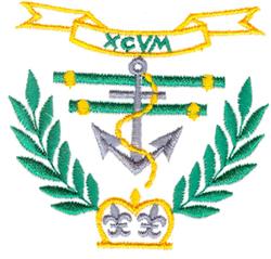 Ornate anchor crowned and encircled with laurel leaves, featuring a yellow banner 'XCV' in vibrant green and yellow.