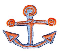 Playful anchor design featuring blue outline with orange accents and whimsical swirls, perfect for nautical themes.