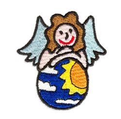 Cheerful angel figure with light blue wings cradles a colorful globe, designed for playful embroidery.