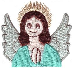 Whimsical angel with soft brown hair, golden halo, and feathery wings, perfect for religious occasions.