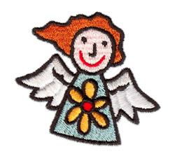 Cheerful angel with a smiling face, orange hair, white wings, and a teal dress with a flower, perfect for spring.