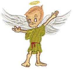Whimsical angelic boy in green robe with red belt, white wings, and yellow halo, perfect for church decor.