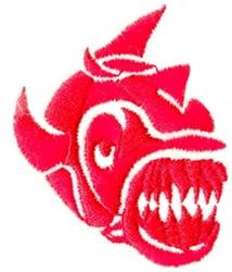 Bold angry fish head in bright red with sharp teeth and aggressive expression, perfect for vibrant textiles.